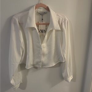 Zara White Cropped Button-Down Shirt